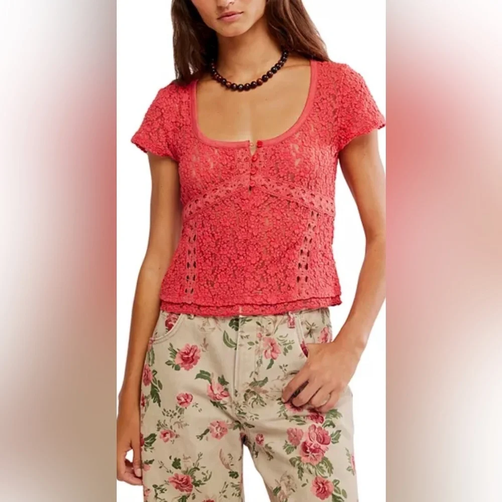 Free People‎ Claro Lace Tee NWOT aged coral